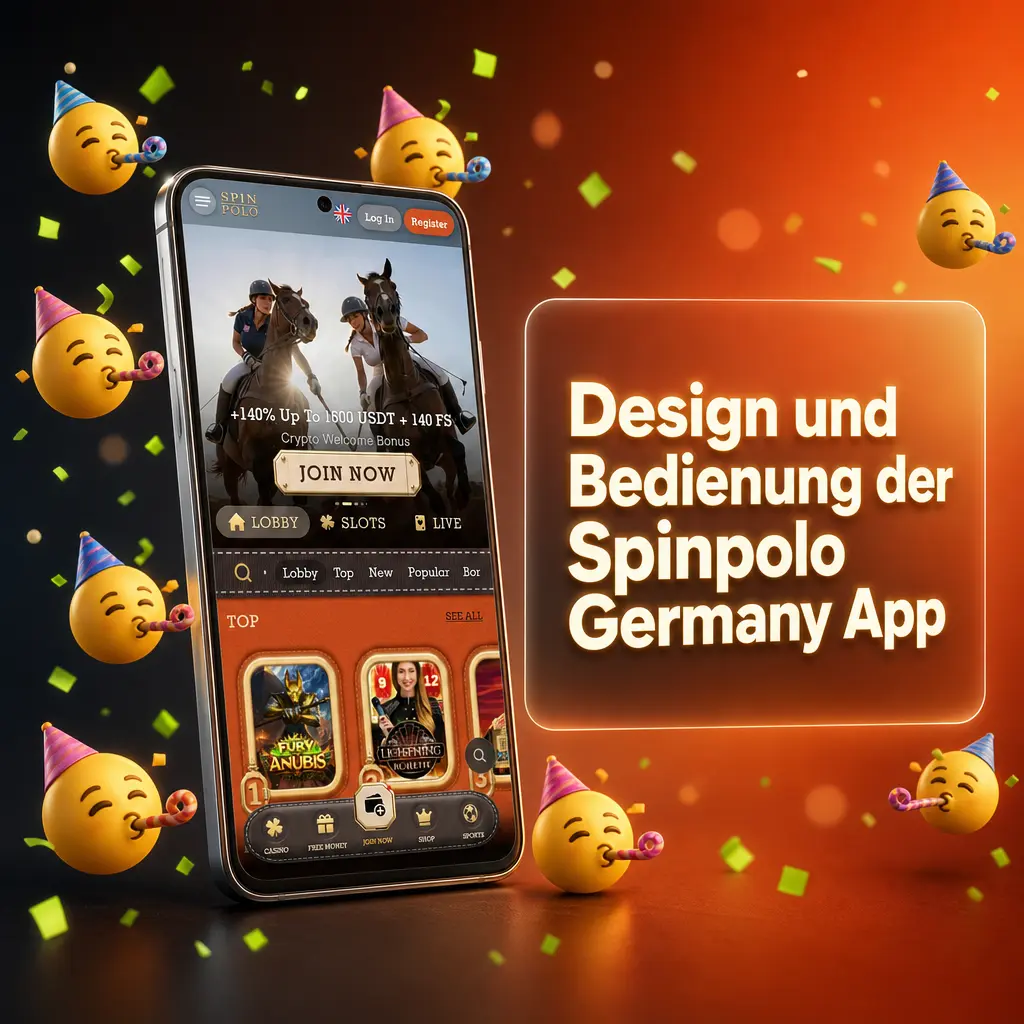 Spinpolo Germany App mit schwarzem Design, orangefarbenen Buttons und mobiler Navigation für Sportwetten und Casino