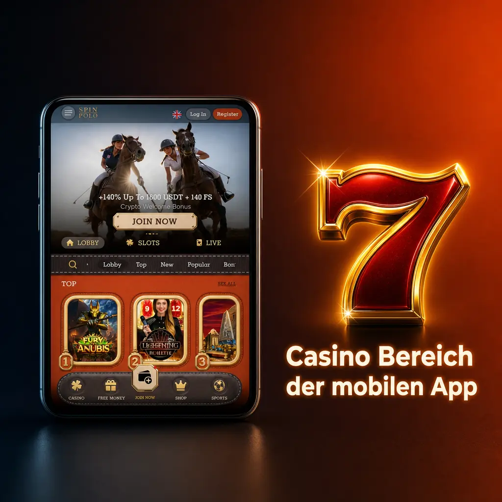 Mobiler Casino-Bereich der App mit Automatenspielen, Live-Casino und touchoptimierten Kategorien