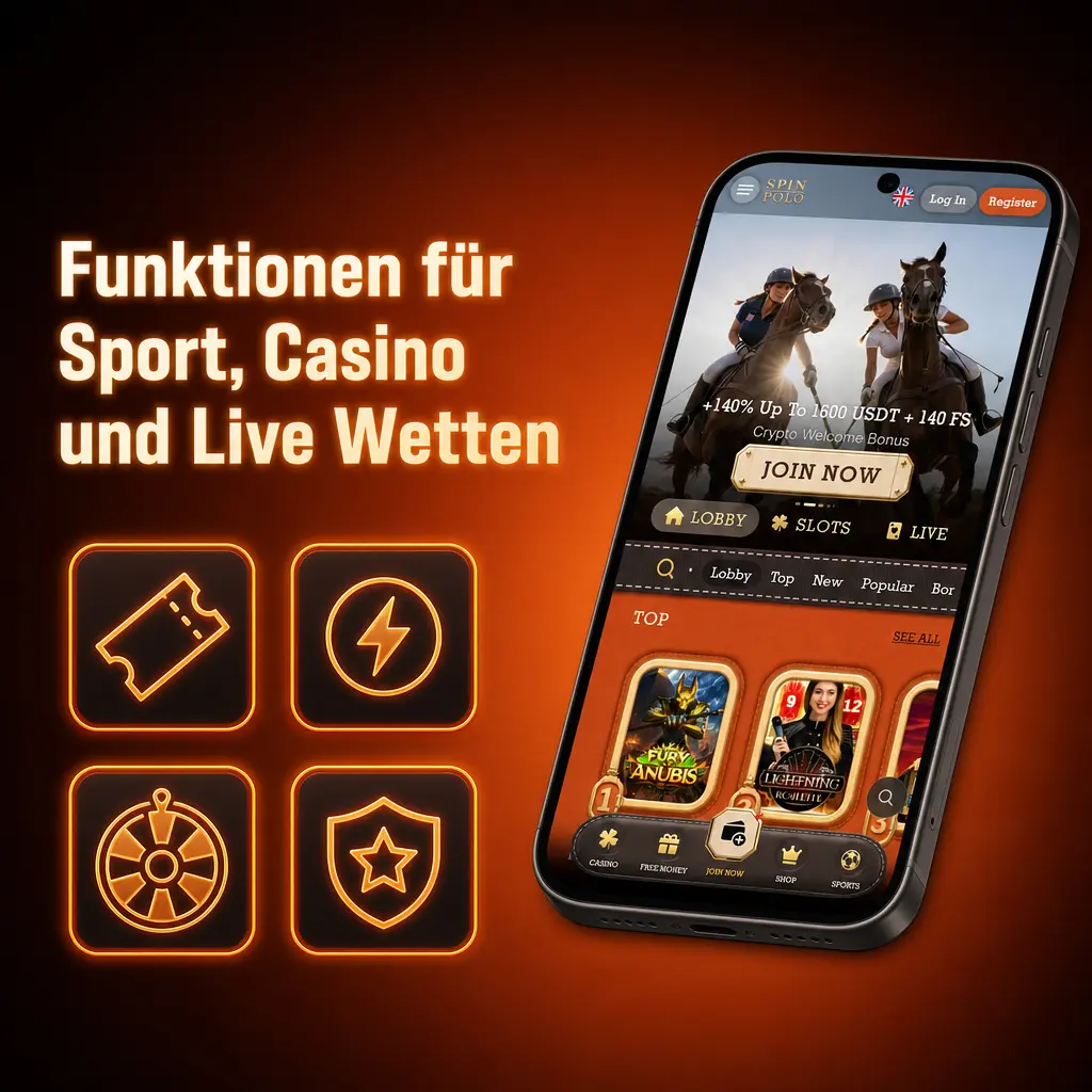 Spinpolo App mit Sportwetten, Live Wetten, Casinospielen, Live Streams, Bonusbereich und Kasse