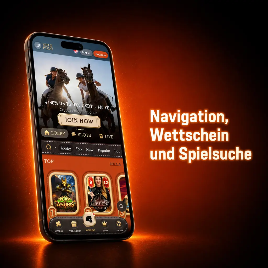 Mobile Wett-App mit Navigation, Wettschein, Casino-Filtern und Spielsuche für Sportwetten und Live Casino