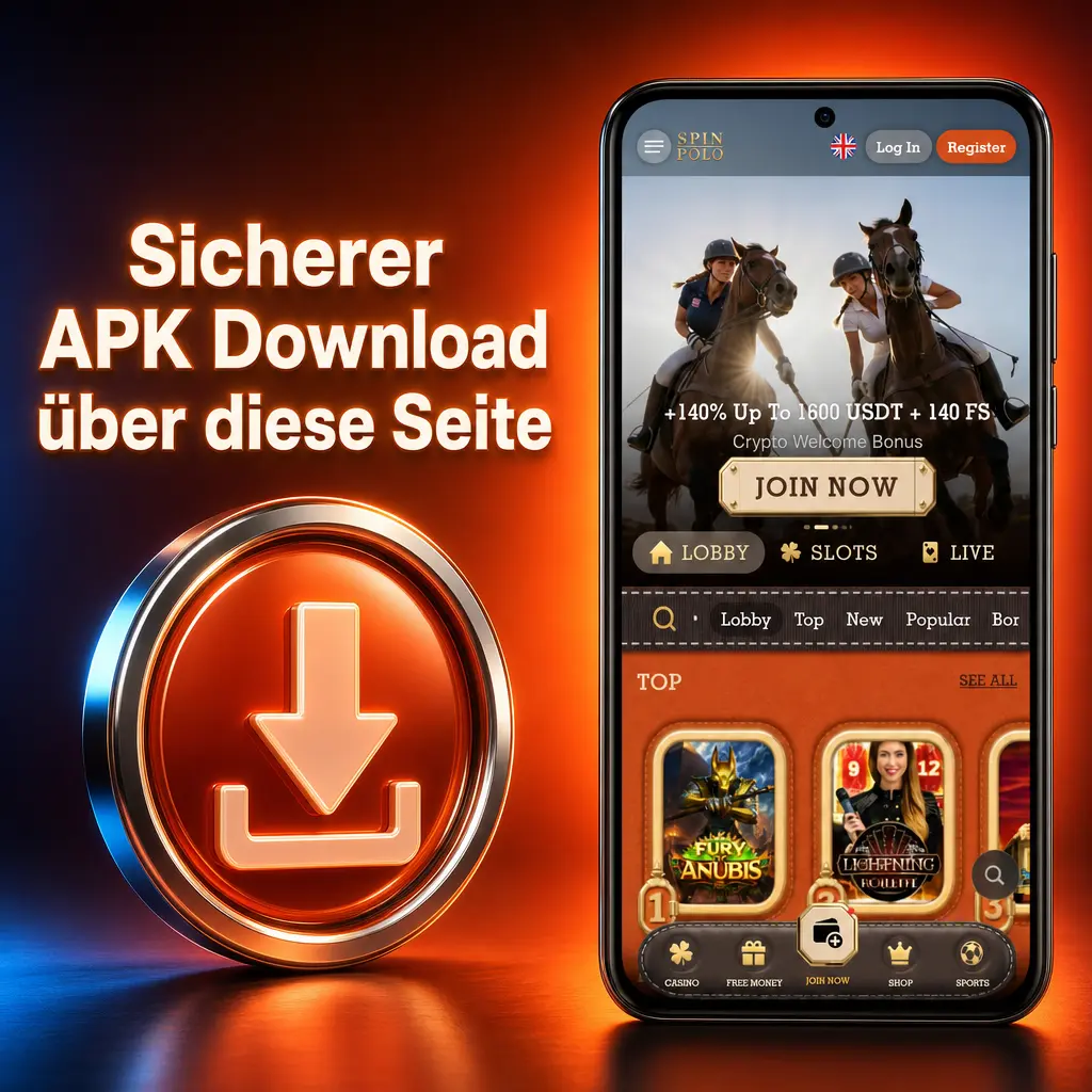 Sicherer Spinpolo APK Download Button mit Hinweis vor Phishing, manipulierten APKs und Malware