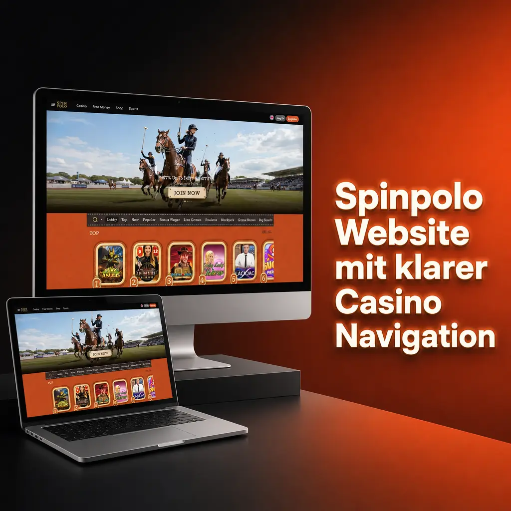 Spinpolo Website mit schwarzem Design und oranger Navigation für Sportwetten, Casino, Live Casino, Boni und Kasse